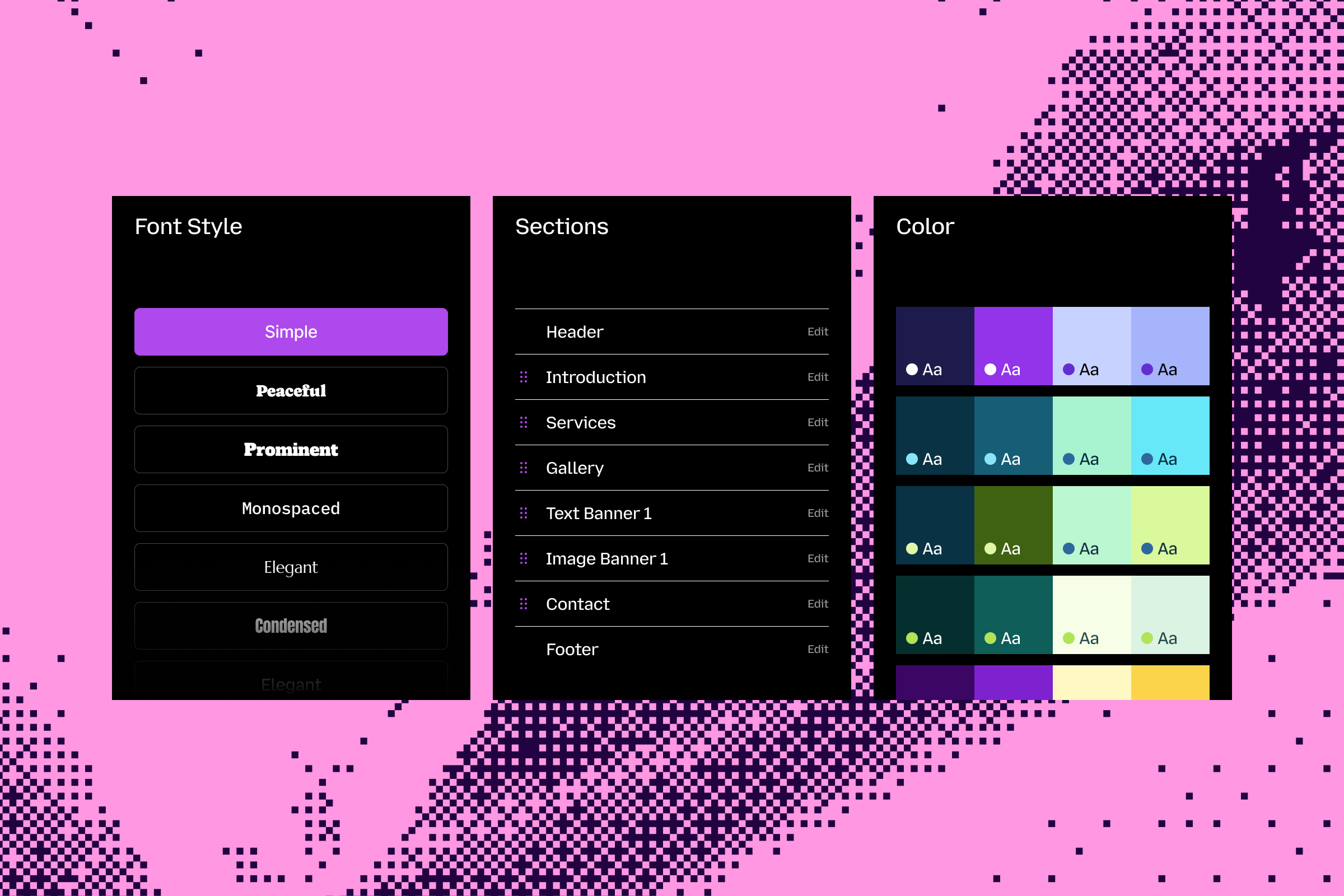 Example website panels showing selection of a font, website sections, and color theme.