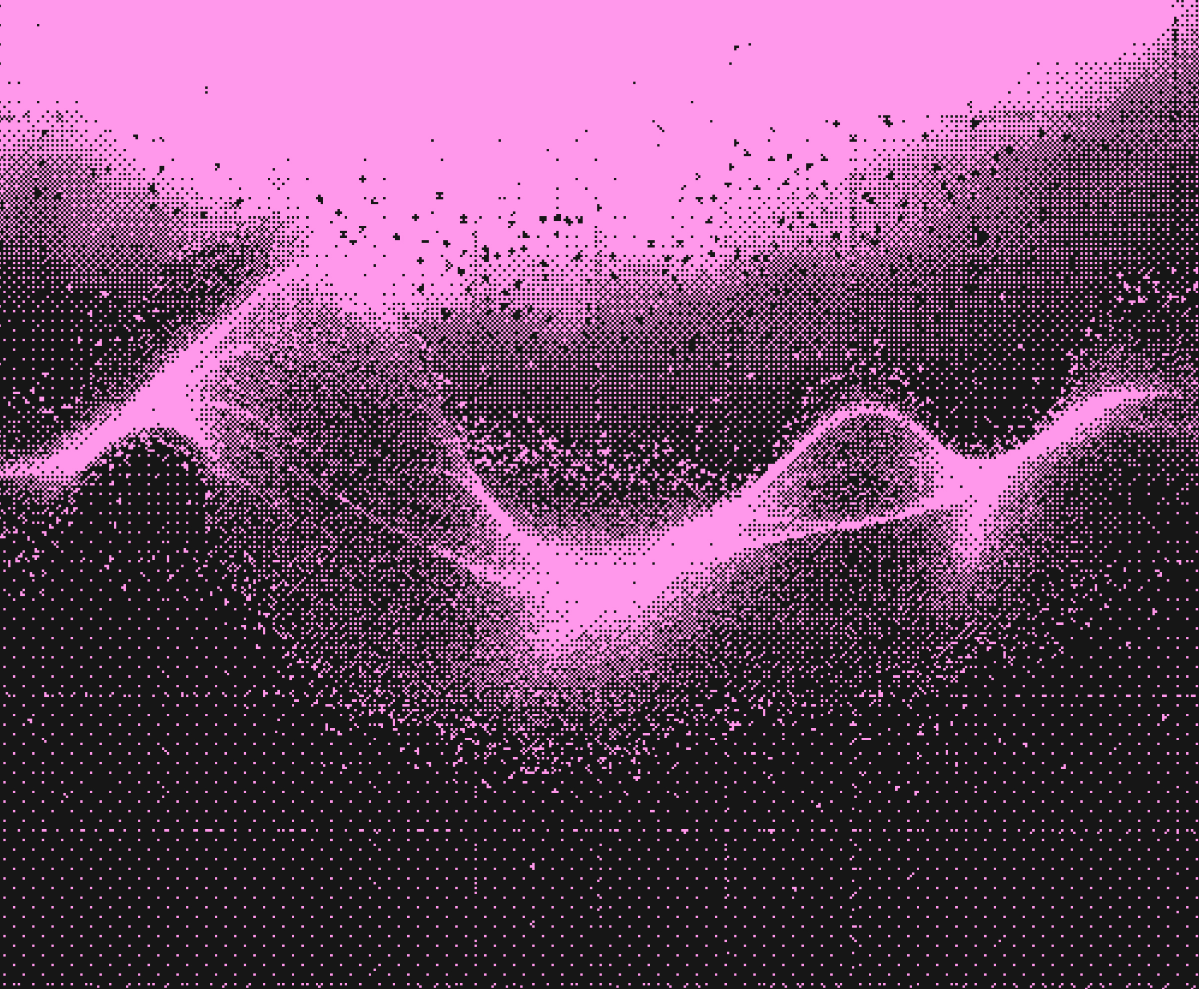Abstract pink and black halftone background with flowing, wave-like shapes, suggesting motion, data flow, and networked systems.