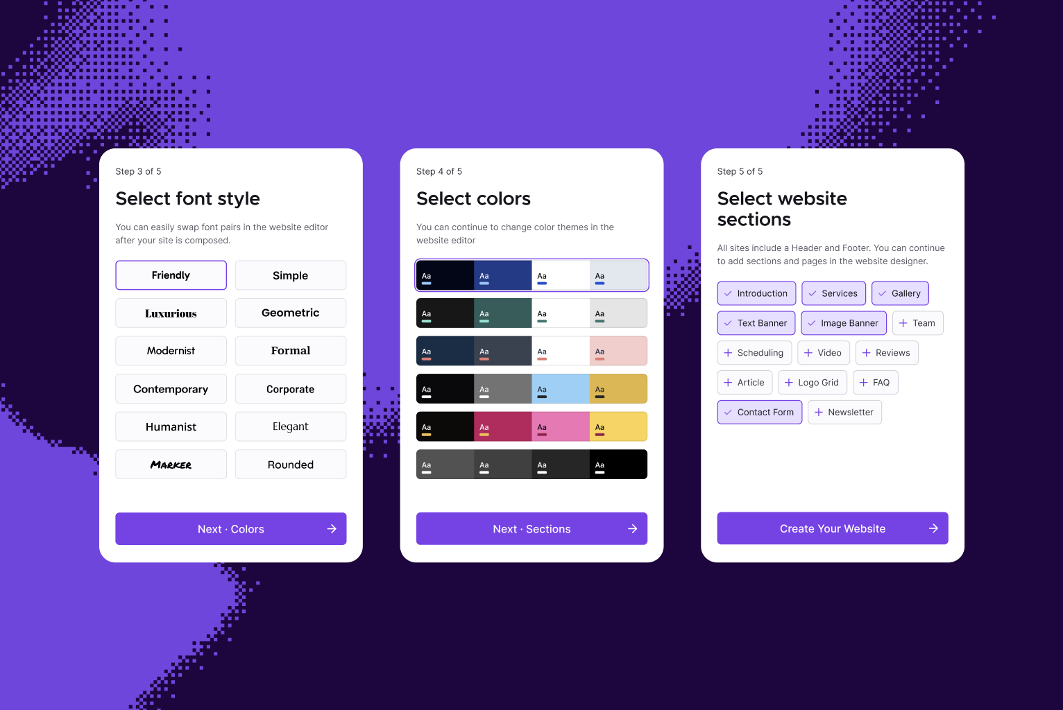 Website builder onboarding screen with options to select font styles, color palettes, and page sections before creating a website.